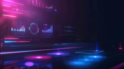 Hologram of web application UI, blue purple dark background