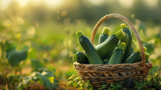 Cibo. Verdura in un cesto di vimini in un campo. Campagna. Zucchine.