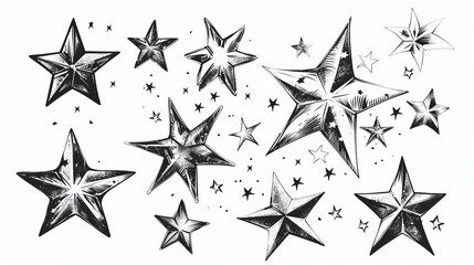 Obraz premium Hand-drawn stars in different sizes and shapes on a white background. The stars are rendered in vector format, ensuring they can be scaled to any size without losing quality.