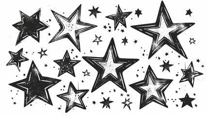 Obraz premium Hand-drawn stars in different sizes and shapes on a white background. The stars are rendered in vector format, ensuring they can be scaled to any size without losing quality.