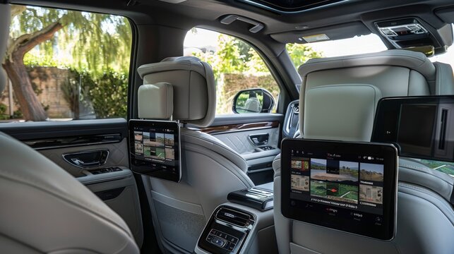 Close-up of the luxury cars rear seats with dual screens in headrests, displaying videos and images for entertainment.