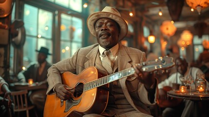 Man in Hat Plays Acoustic Guitar in a Dimly Lit Bar