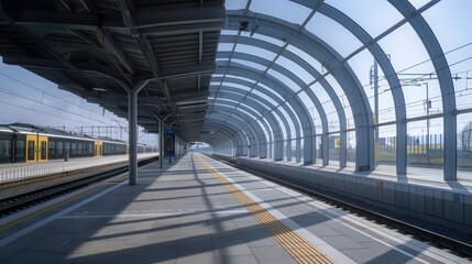 modern train station with large, curved energy-efficient windows that reduce noise pollution and thermal transfer, enhancing passenger comfort