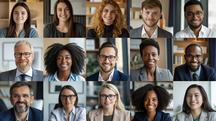 A diverse group of professionals participating in a video conference call, smiling and engaged in a modern office setting