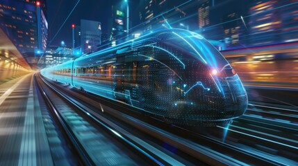Fototapeta premium A high-speed train travels through a city at night, its sleek exterior illuminated by streaks of light and a digital overlay.