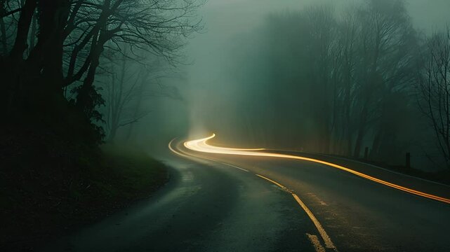 The eeriness of a foggy road belied by the warm inviting glow of car light trails.