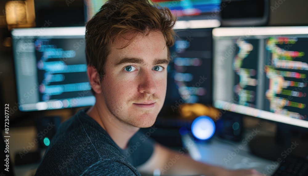 Poster young professional coding on multiple monitors in modern, illuminated workspace. intense and concent