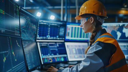 Engineer monitoring solar power plant performance on multiple screens in a high-tech control room