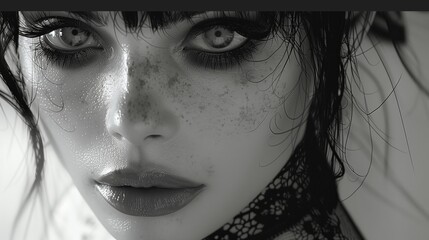 Fototapeta premium Close-Up Black And White Portrait Of A Woman With Freckles And Wet Hair