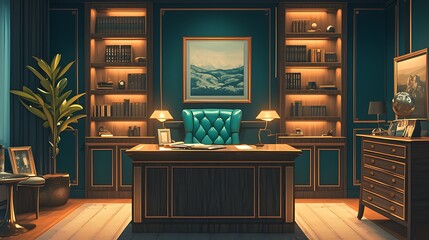 Chic office setup, bronze and teal accents, sleek design, no shadows, 32k UHD,