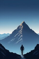 Lone Hiker Climbing Mountain Path Under Gradient Sky