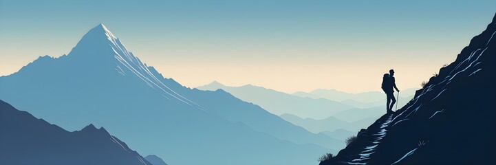 Lone Hiker Climbing Mountain Path Under Gradient Sky