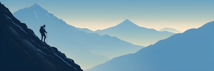 Lone Hiker Climbing Mountain Path Under Gradient Sky