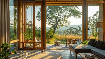 Fototapeta premium sustainable boutique hotel with energy-efficient windows that frame the picturesque landscape, offering guests the luxury of nature views with the comfort of an energy-conscious design