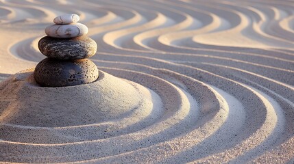 Tranquil zen garden with raked sand and smooth stones for a peaceful flyer background.