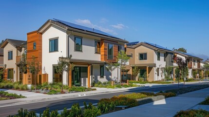 sustainable housing development where each home is equipped with energy-efficient windows, showcasing community commitment to environmental stewardship and utility savings