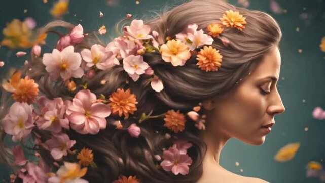 A flowing river replaces the woman's hair, cascading down her shoulders with blooming flowers intertwined
