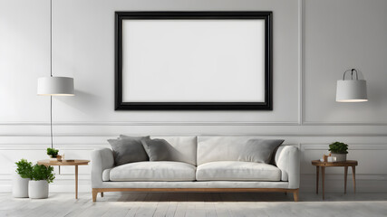  Artifical Intelligence generated image of interior with empty frame.   Blank picture frame hanging on wall, AI generated image