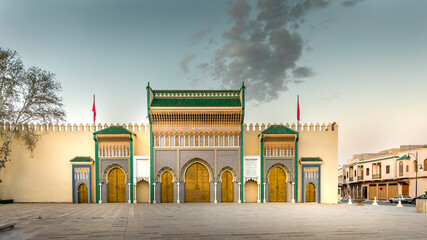 Fez, Morocco - March 23, 2024: Brass gate and zellige mosaic tilework on Dar al-Makhzen or Dar...