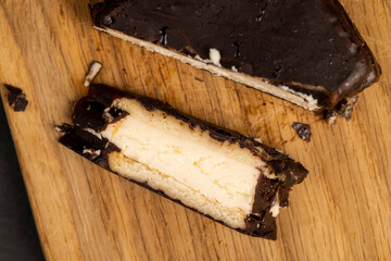 cottage cheese dessert covered with chocolate