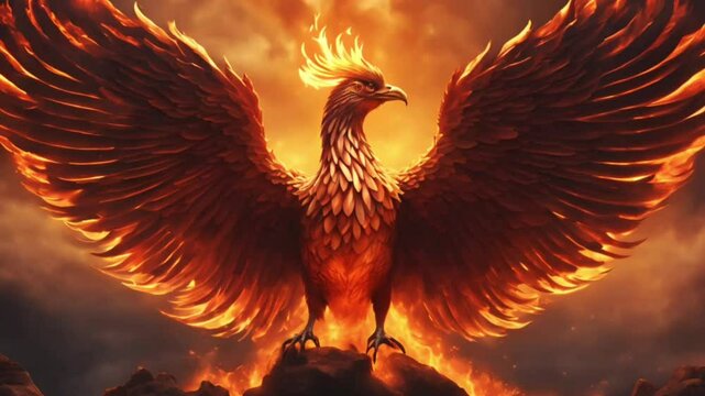 A mythological animation depicting a phoenix rising from the ashes