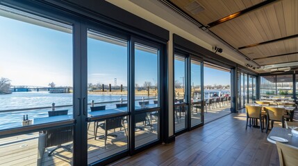 waterfront restaurant with energy-efficient sliding glass doors and windows that offer diners unobstructed views of the river while maintaining energy efficiency