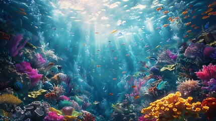 Surreal underwater scene with colorful marine life for an imaginative flyer background.