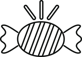 Simple line art icon of a wrapped candy with rays shining above it