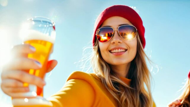 Apr&egrave;s-Ski Cheers. Smiling  Woman in a Red Beanie and Sunglasses Enjoys a Beer Outdoors on a Sunny Winter Day.