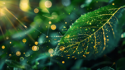 Green leaf with particles of light. Idea of green technology.