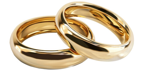 Two golden wedding rings cut out, isolated, transparent background - PNG. Marriage or engagement concept.