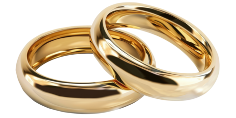Two golden wedding rings cut out, isolated, transparent background - PNG. Marriage or engagement concept.