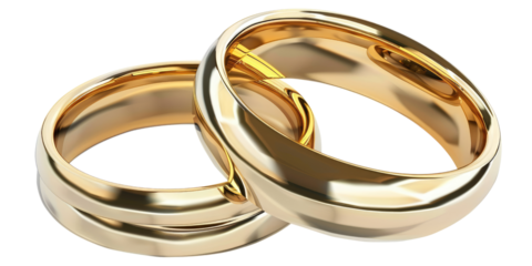 Two golden wedding rings cut out, isolated, transparent background - PNG. Marriage or engagement concept.