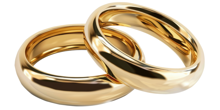 Two golden wedding rings cut out, isolated, transparent background - PNG. Marriage or engagement concept.