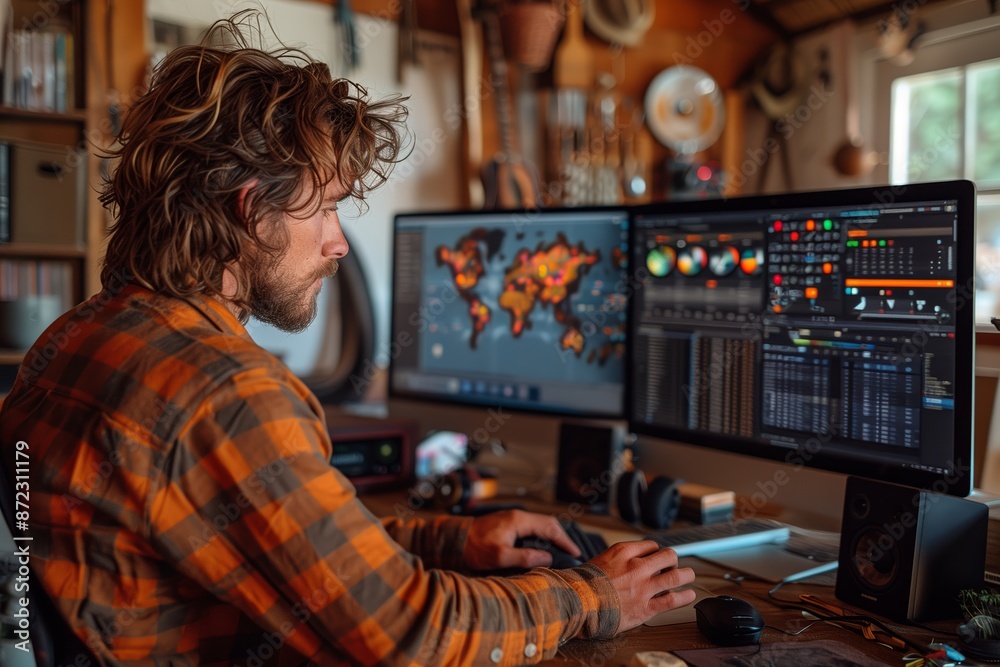 Poster man working at computer with world map and charts on screen