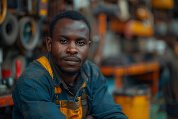 Fototapeta premium Thinking Garage Worker. Intelligence Mechanic auto service. African male think idea solve car problem
