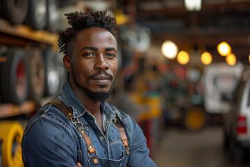 Fototapeta premium Thinking Garage Worker. Intelligence Mechanic auto service. African male think idea solve car problem