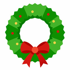 Green Christmas wreath featuring a red ribbon and bow silhouette vector art illustration