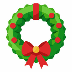 Green Christmas wreath featuring a red ribbon and bow silhouette vector art illustration