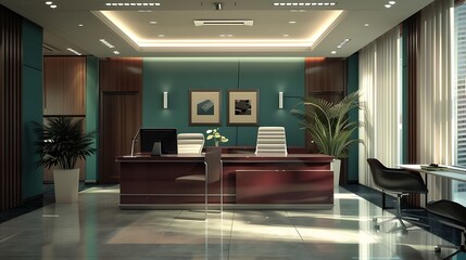 Contemporary office, maroon and teal tones, clean layout, minimal shadows, 32k UHD,