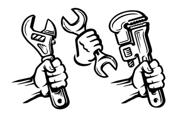 Working tool in hand. Wrench and fist. Service work, repair concept. Vector illustration