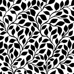 Black Leaves Flowing Complicated Black Leaves Vector Seamless Pattern. Intricate Forest Foliage Silhouette