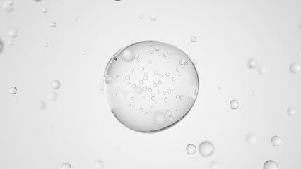 Macro of transparent drop of liquid with bubbles inside on white backdrop. Skin care serum droplet. Cosmetics moisturizer fluid concept. 3d render illustration