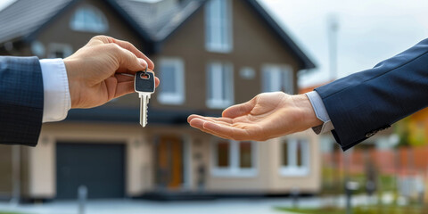 Close-up of one person handing over house keys to another, symbolizing a real estate deal or new home ownership.