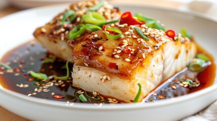 Delicious seabass with crispy skin, soy ginger sauce, and green onions, served on a white plate