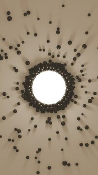 Gathering of black spheres to the center light animation. Attraction of objects. 3D abstract concept of collaboration. Magnetic attraction of objects to center. Vertical video