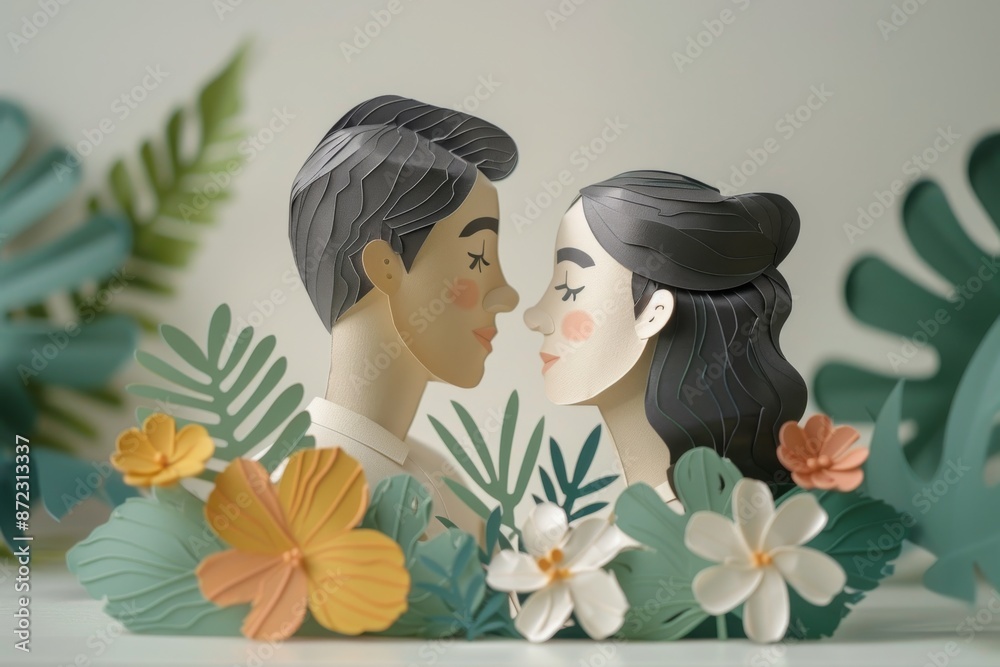 Poster Artistic illustration of a couple with floral elements symbolizing love and nature in a serene setting