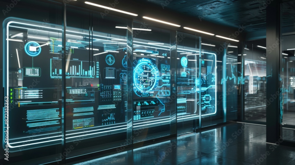 Poster A modern office with a large glass wall displaying a futuristic digital interface with glowing blue lines, graphs, and data visualizations.