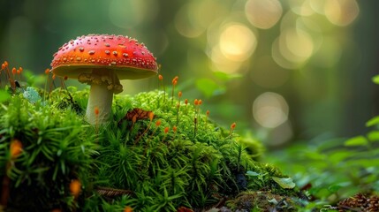 closeup of a red mushroom in a forest with out of focus background