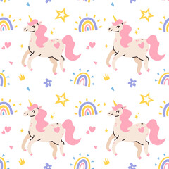 Cute pattern with unicorns, rainbow, stars, vector seamless pattern